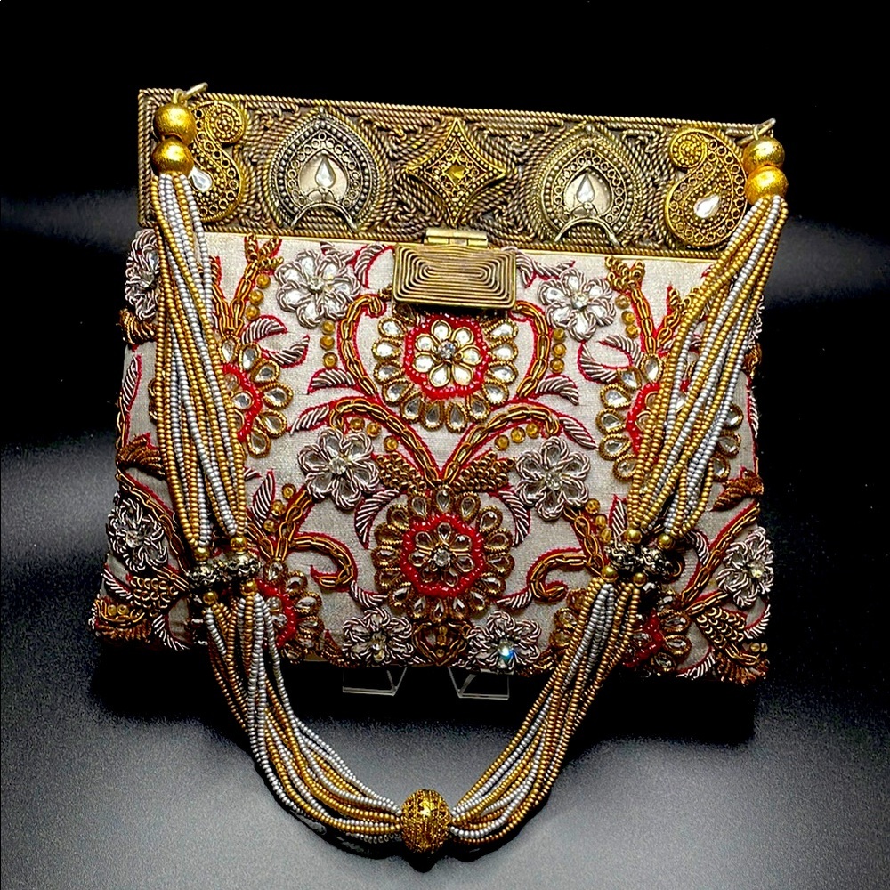 MEERA MAHADEVIA~EVENING BAG~EMBROIDERED/BEADED BY HAND ON PALE PEWTER SILK